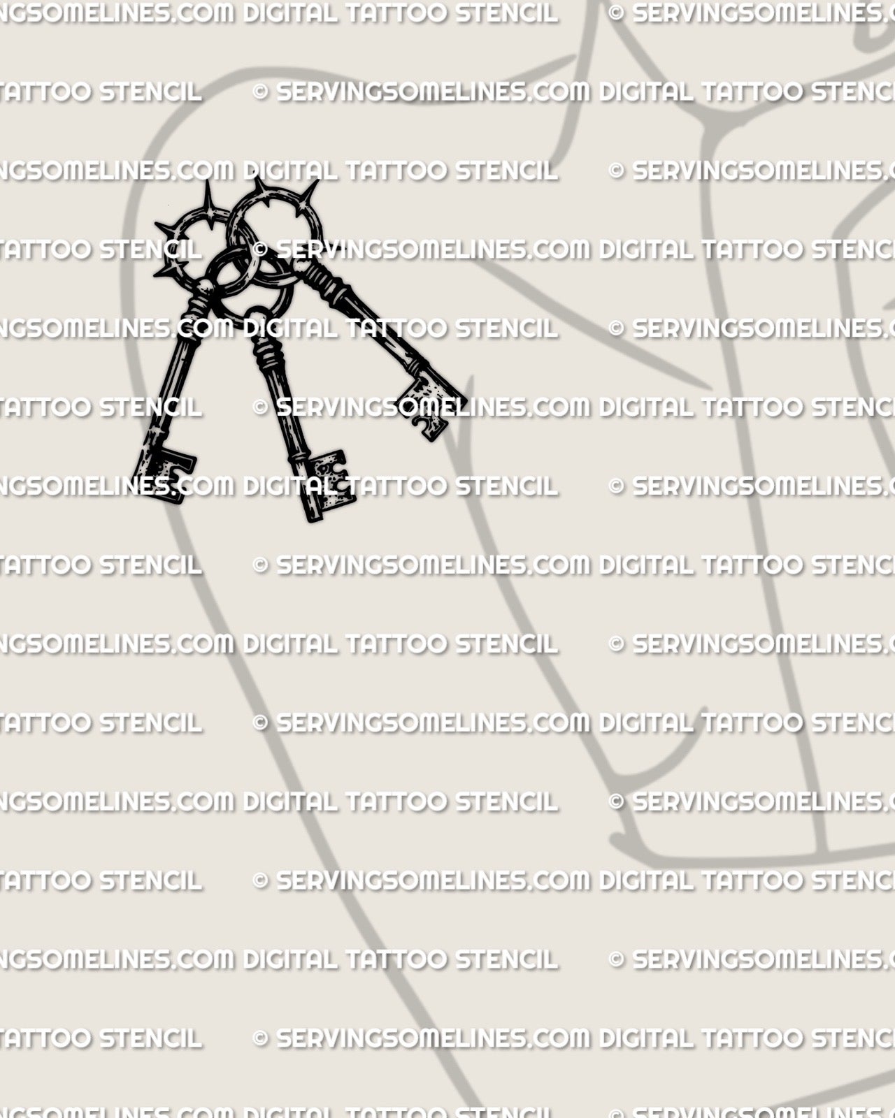 Three keys tattoo stencil displayed on womens shoulder placement example, interlocking keys tattoo with barbed halo rings.