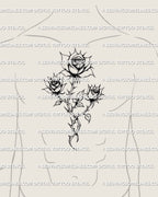 Three rose bouquet tattoo shown on men’s chest placement with a clear bloom grouping and clean linework