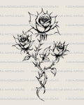 Three rose bouquet tattoo stencil design with a clear three-bloom arrangement and soft vertical floral flow