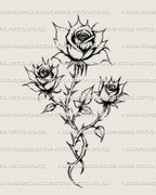 Three rose bouquet tattoo stencil design with a clear three-bloom arrangement and soft vertical floral flow