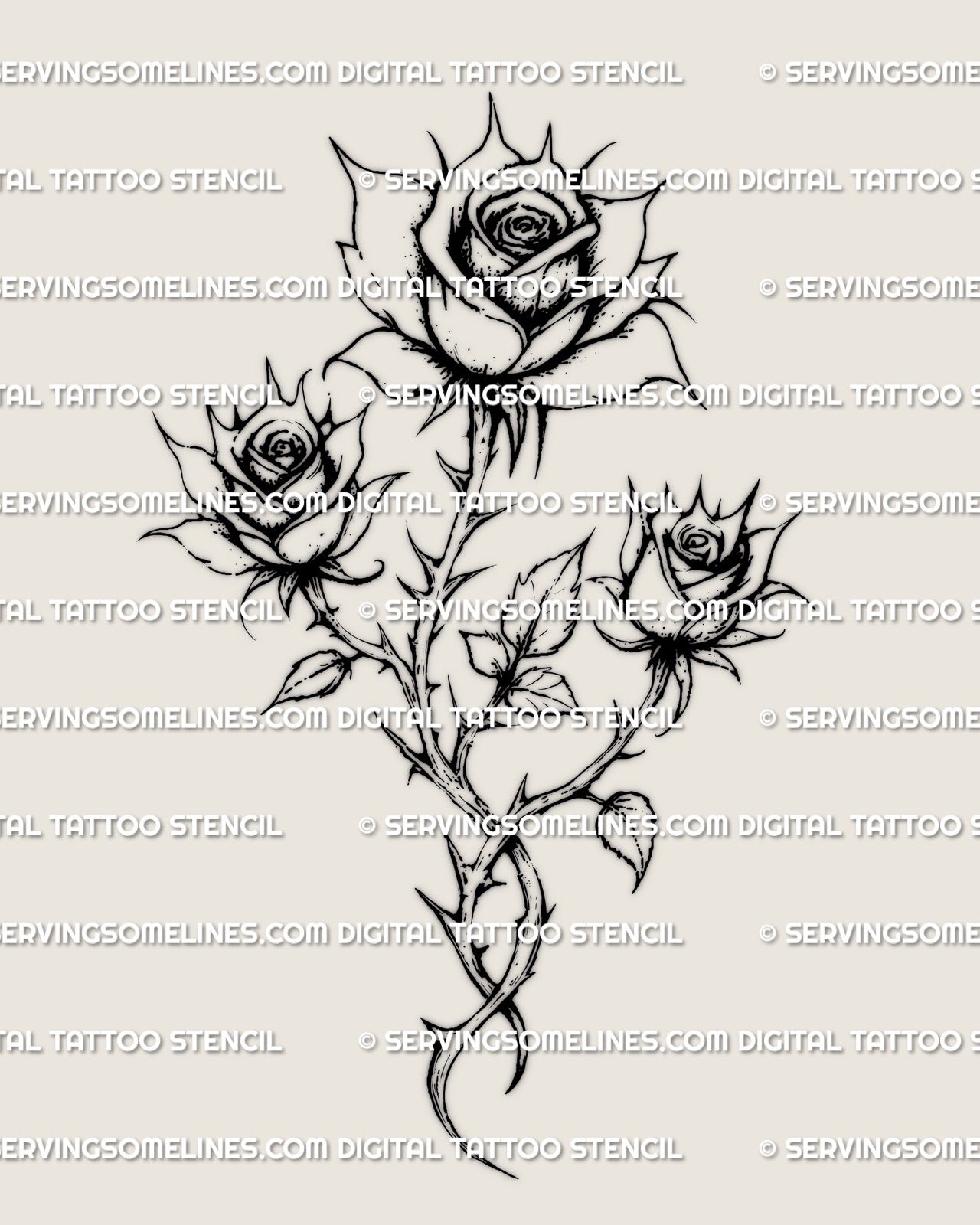 Three rose bouquet tattoo stencil design with a clear three-bloom arrangement and soft vertical floral flow