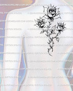 Three rose tattoo design displayed on an upper back placement example, fine line floral gothic stencil for clean tattoo application