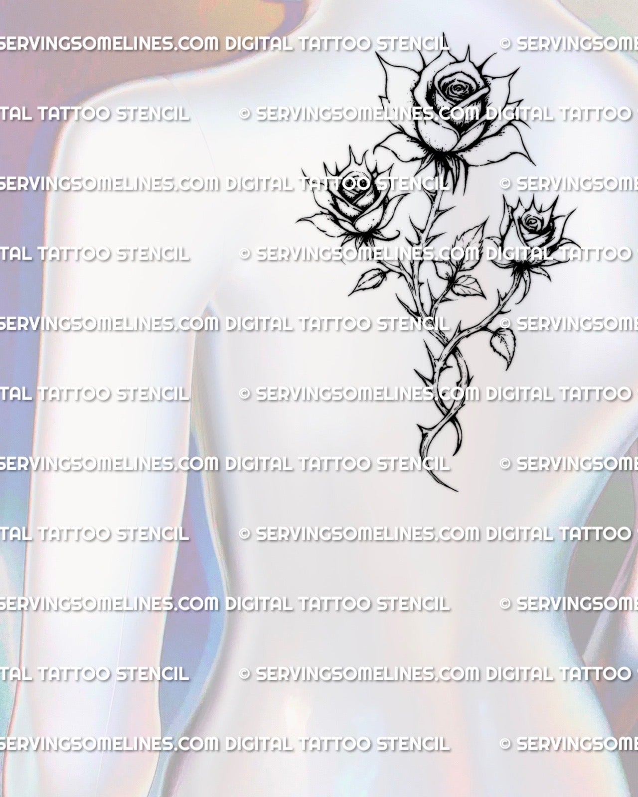 Three rose tattoo design displayed on an upper back placement example, fine line floral gothic stencil for clean tattoo application