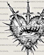 Close view of spiked heart outline and centered eye, fine dot texture and three piercing swords.