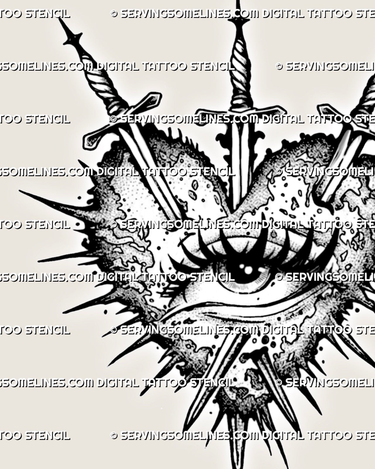 Close view of spiked heart outline and centered eye, fine dot texture and three piercing swords.