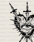 Close view of spiked heart outline and centered eye, fine dot texture and three piercing swords.