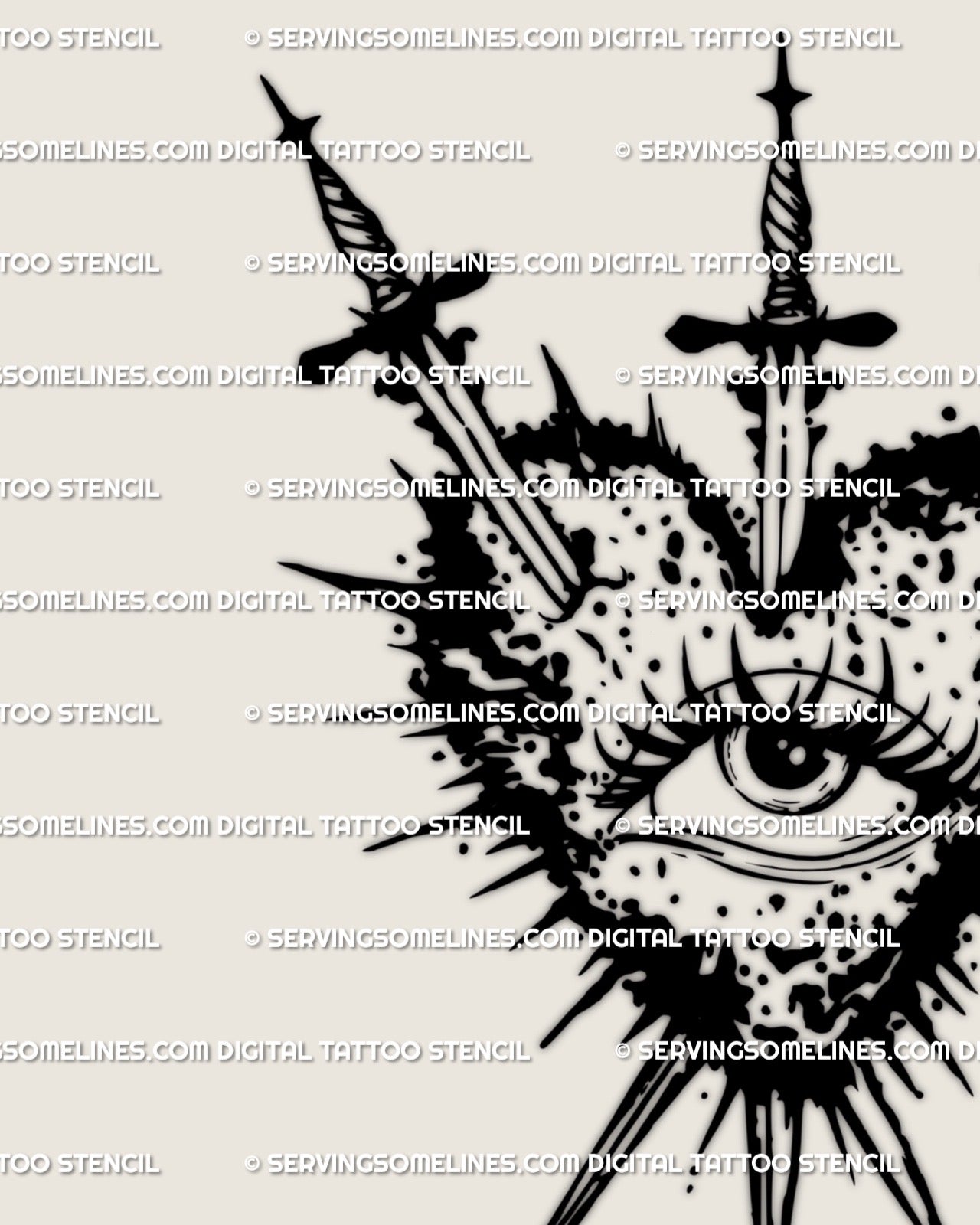 Close view of spiked heart outline and centered eye, fine dot texture and three piercing swords.