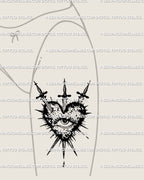 Three swords heart tattoo shown on womens thigh placement, dripping heart with centered eye and burst accents.