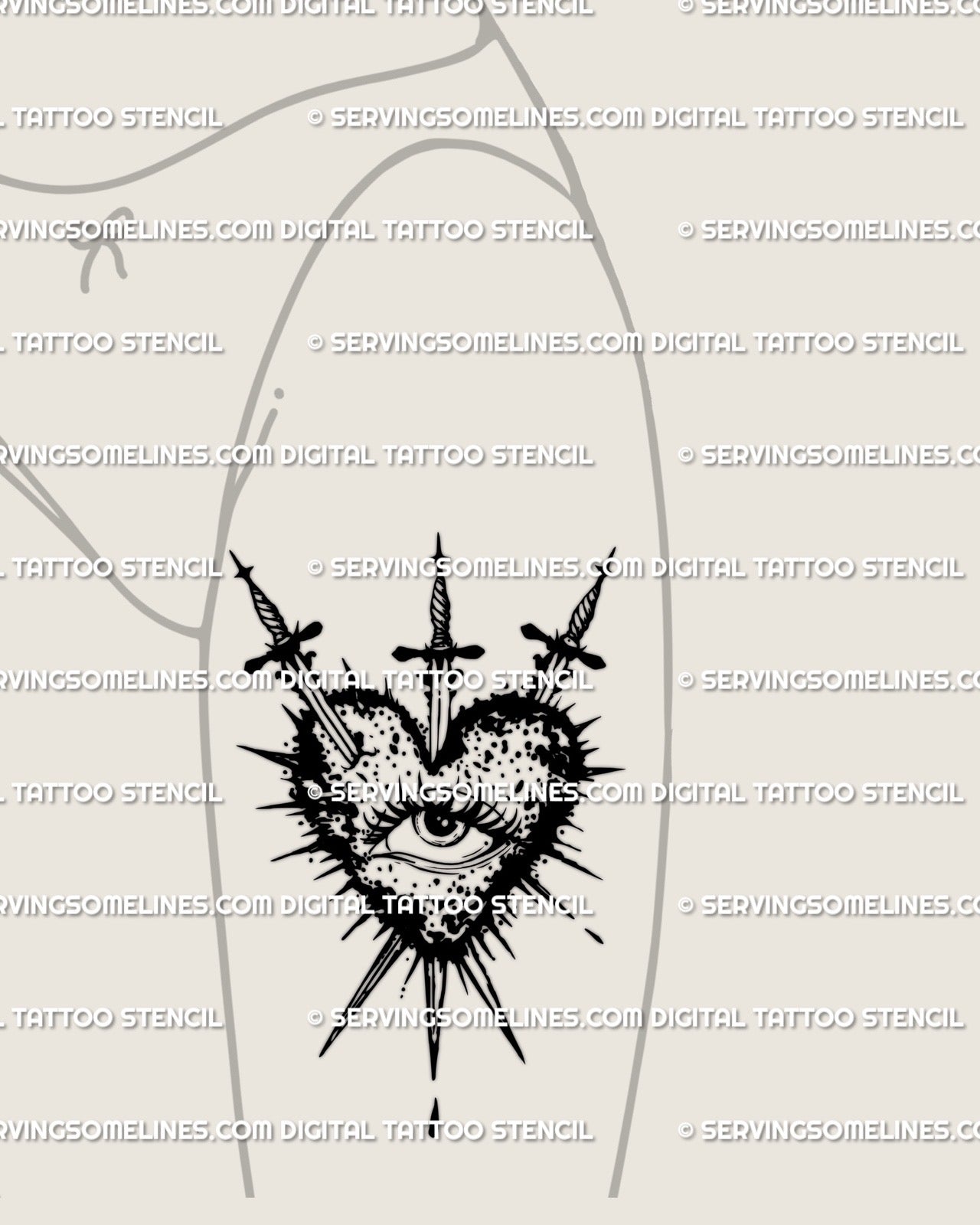 Three swords heart tattoo shown on womens thigh placement, dripping heart with centered eye and burst accents.