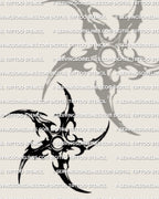 Throwing star tattoo design download, shuriken tattoo stencil with curved hooked points and solid black shape, ready to print.