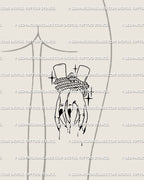 Displayed on back-thigh placement as feminine gothic tied witch hands tattoo design, horror flash meets witchcore linework.