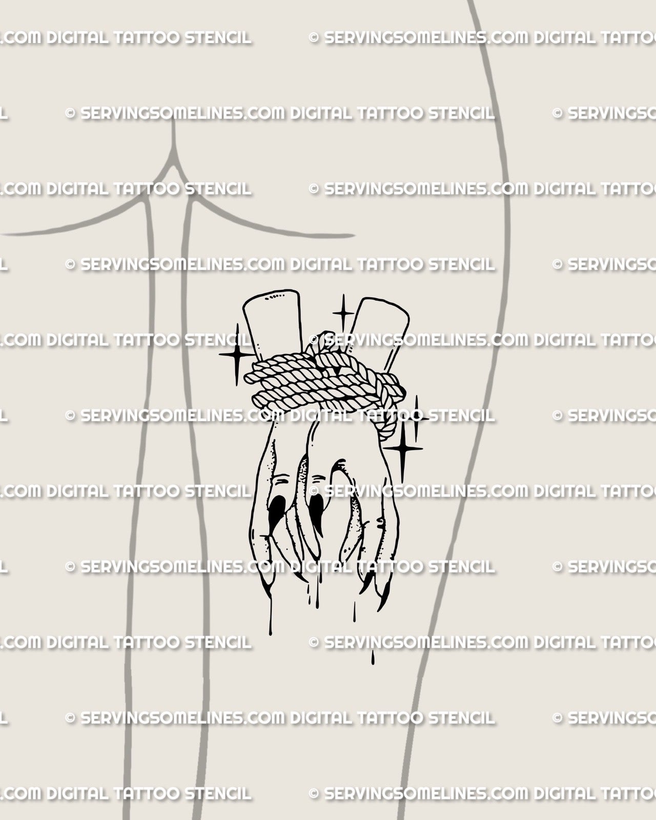 Displayed on back-thigh placement as feminine gothic tied witch hands tattoo design, horror flash meets witchcore linework.