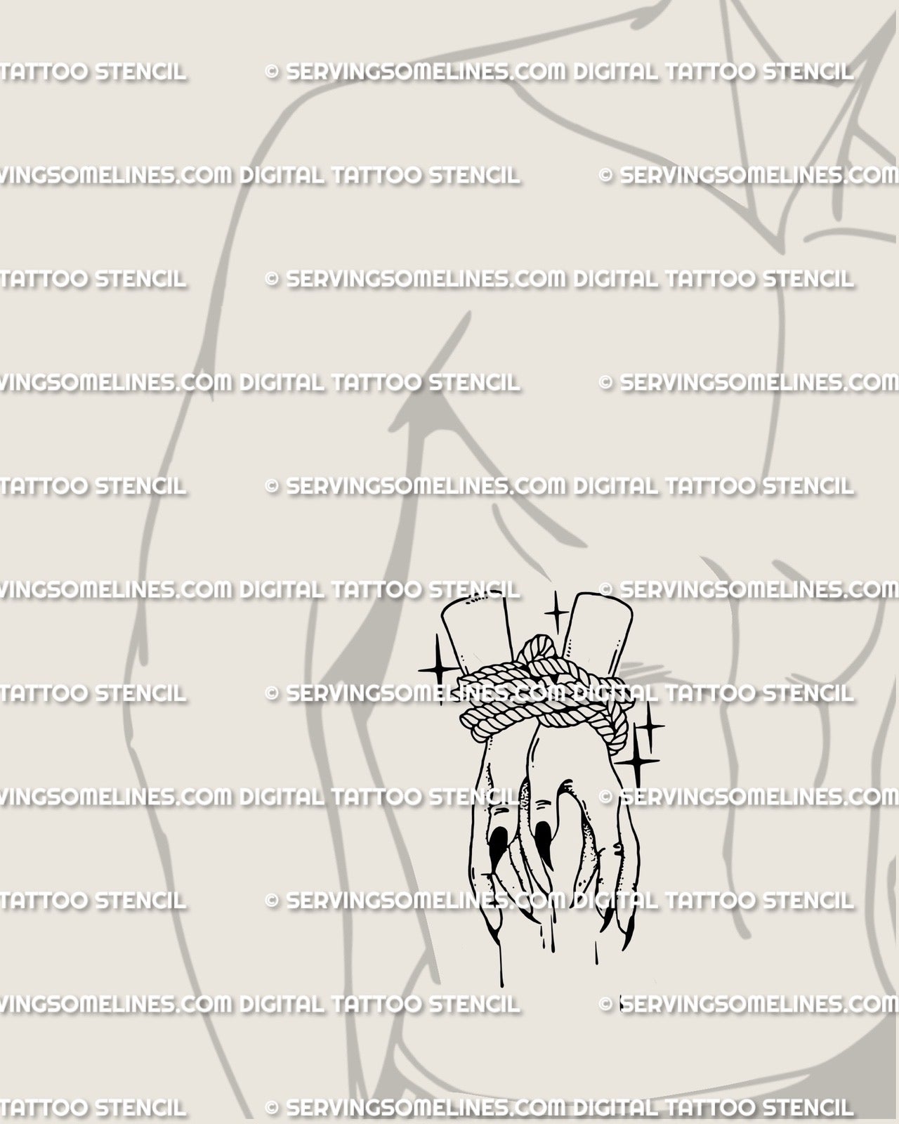 Shown on male side-stomach placement as tied hands gothic tattoo, witchcore black line design with occult horror tone.