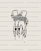 Tied witch hands tattoo stencil drawn in gothic linework style, long nails and rope details, original dark feminine design.
