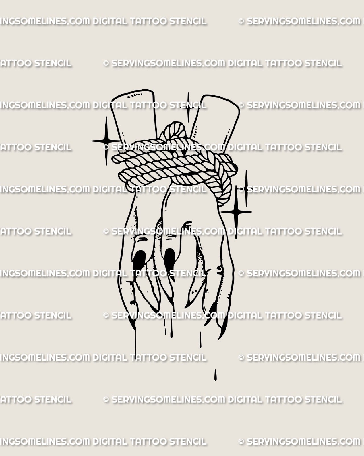 Tied witch hands tattoo stencil drawn in gothic linework style, long nails and rope details, original dark feminine design.
