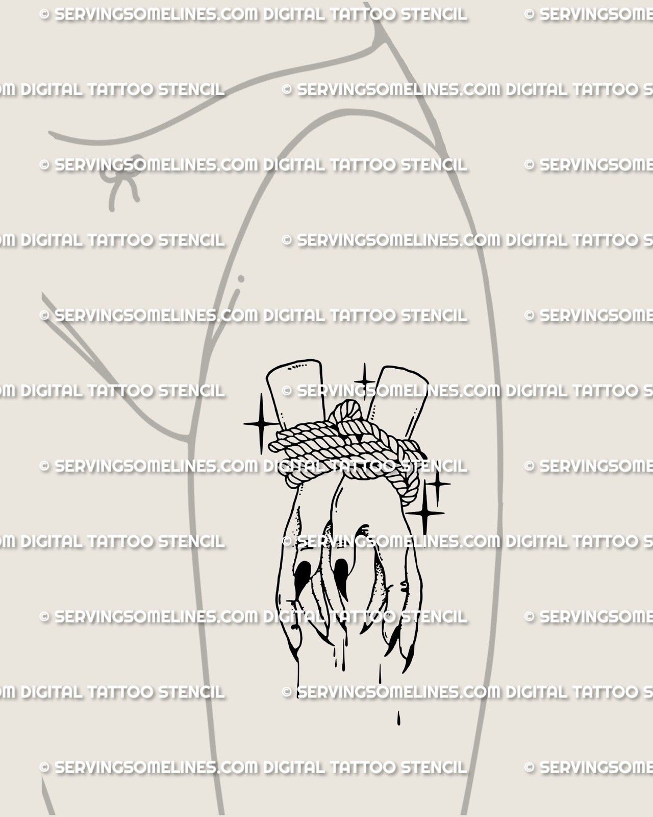 Displayed on female front thigh placement as a witchcore tattoo idea, tied hands gothic linework with dark delicate detail.