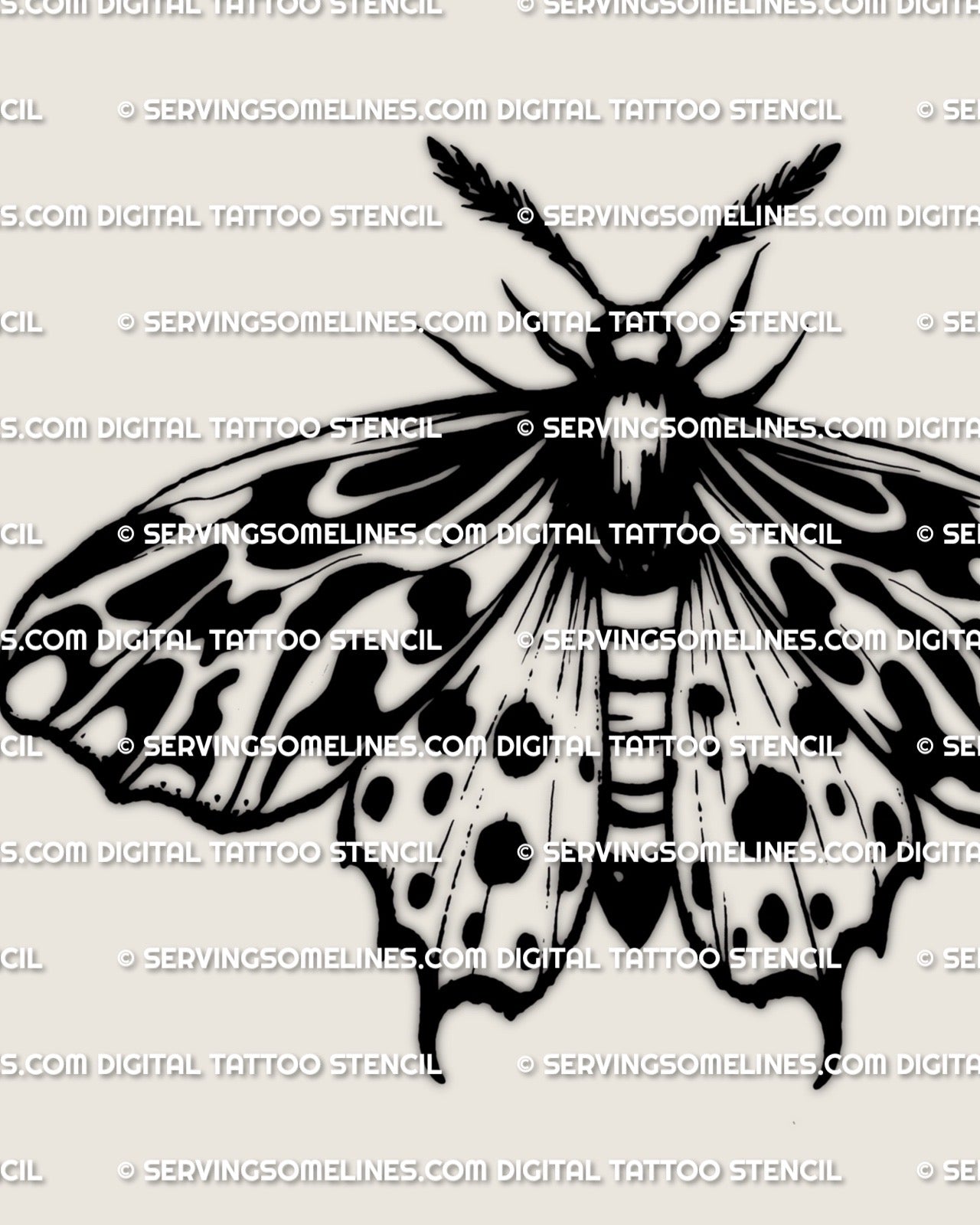 Tiger moth tattoo stencil download, bold stripe wings, black and white moth design files (PNG JPG PDF).