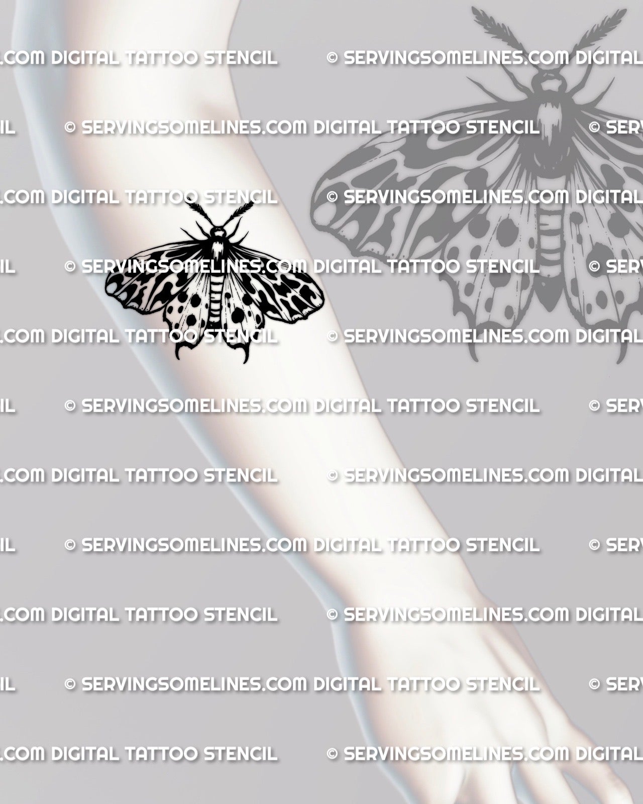 Tiger moth tattoo stencil forearm placement example, vertical moth layout with high contrast wings.
