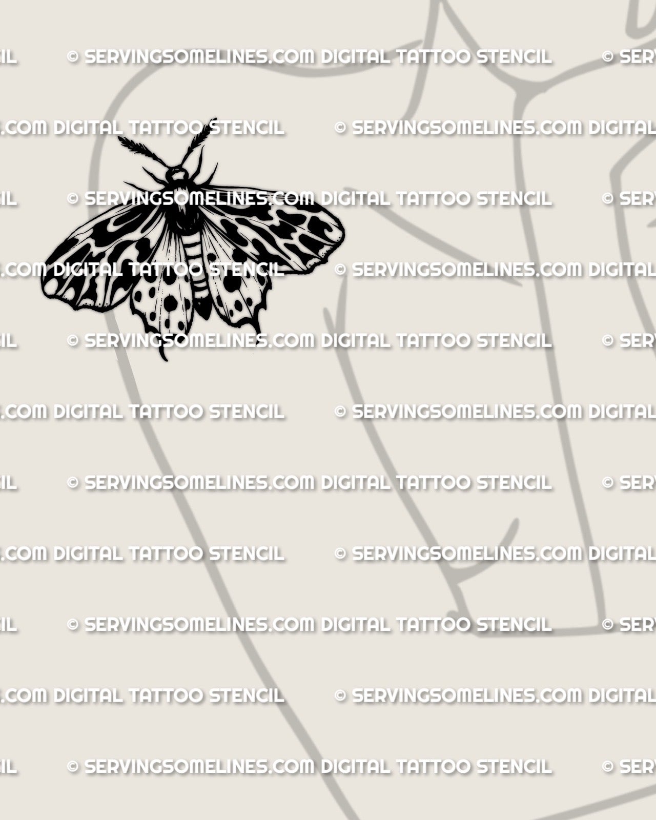 Tiger moth tattoo stencil on womens arm placement example, bold wing stripes, clean silhouette.
