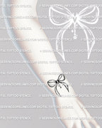 small wrist tattoo using a gothic bow stencil with devil heart charm drawn as a feminine coquette ornament for tiny tattoo lovers