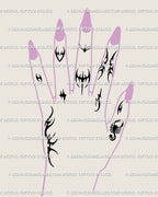 Tiny cyber tattoo symbols shown on fingers with small neotribal shapes, black linework, and micro placement preview