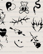 Close-up of tiny gothic tattoo stencil set showing smiley, rose, neotribal heart, and thorn details from the cyber emo blackwork sheet.