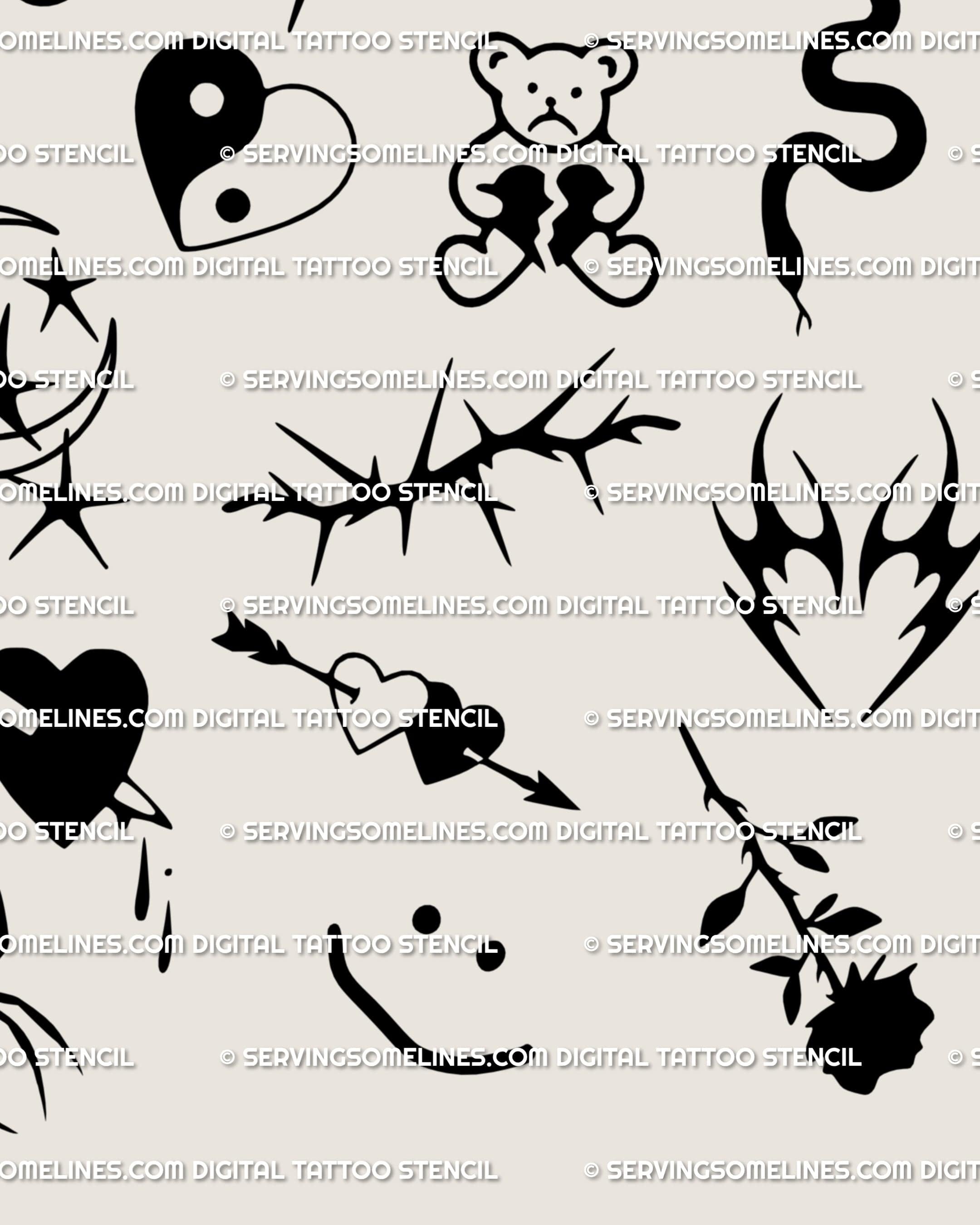 Close-up of tiny gothic tattoo stencil set showing smiley, rose, neotribal heart, and thorn details from the cyber emo blackwork sheet.