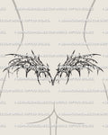 Torn demon wing lower back tattoo stencil shown on female placement with distressed gothic wings and damaged edges