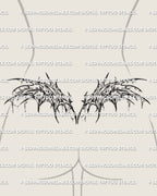 Torn demon wing lower back tattoo stencil shown on female placement with distressed gothic wings and damaged edges