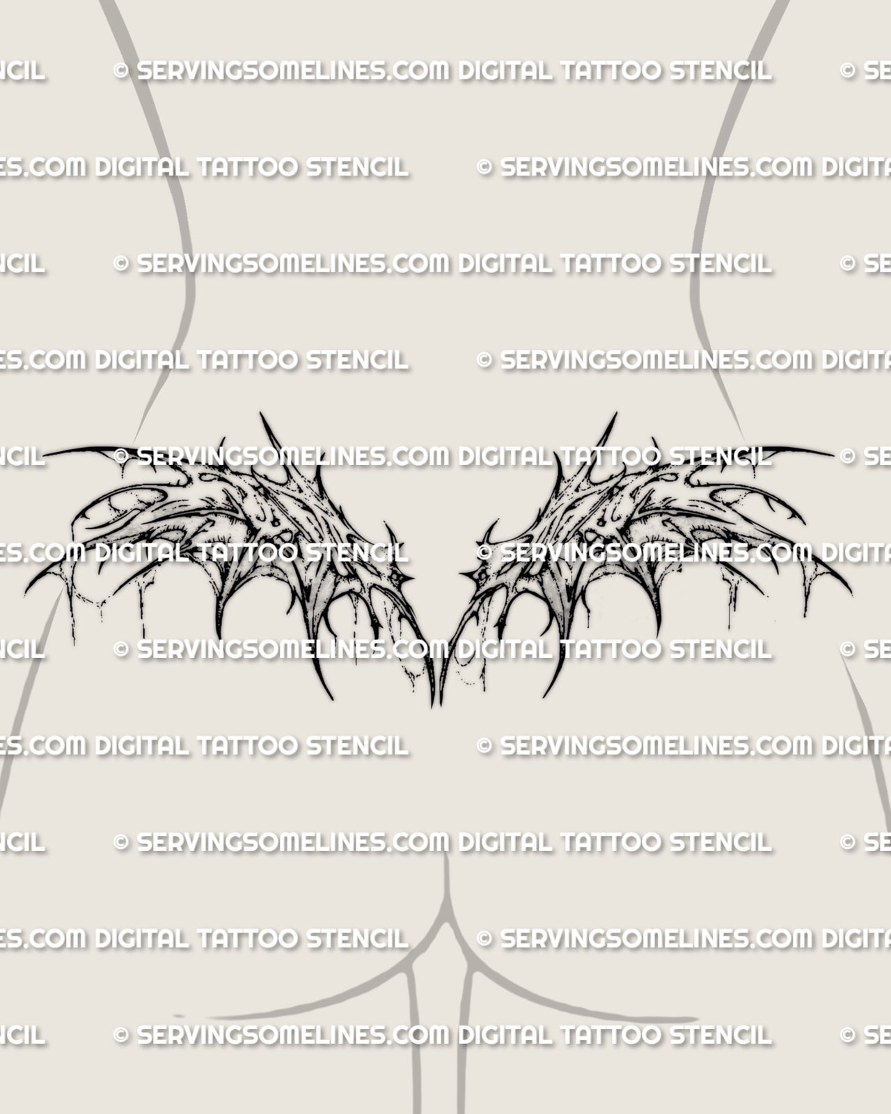 Torn demon wing lower back tattoo stencil shown on female placement with distressed gothic wings and damaged edges
