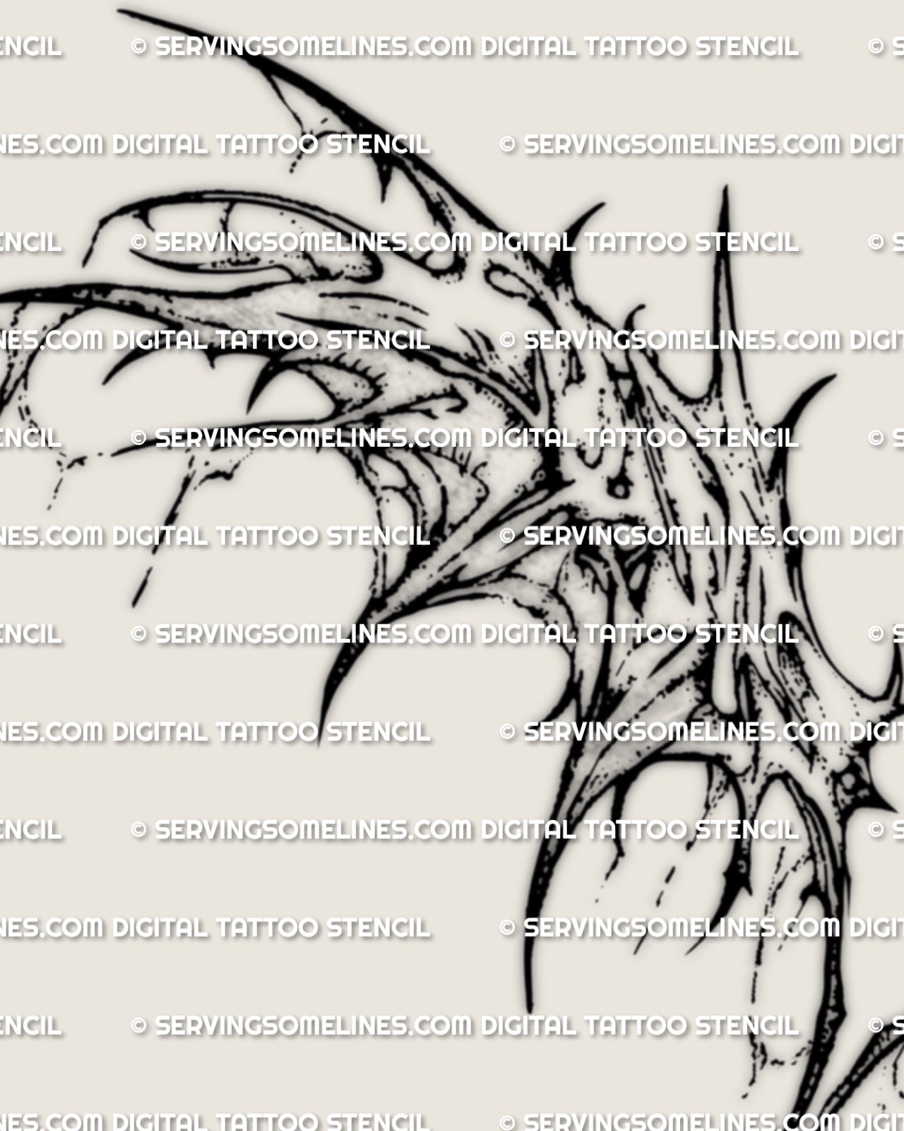 Close detail of torn demon wing tattoo stencil with scratched gothic linework, broken wing texture, and sharp lower back shape