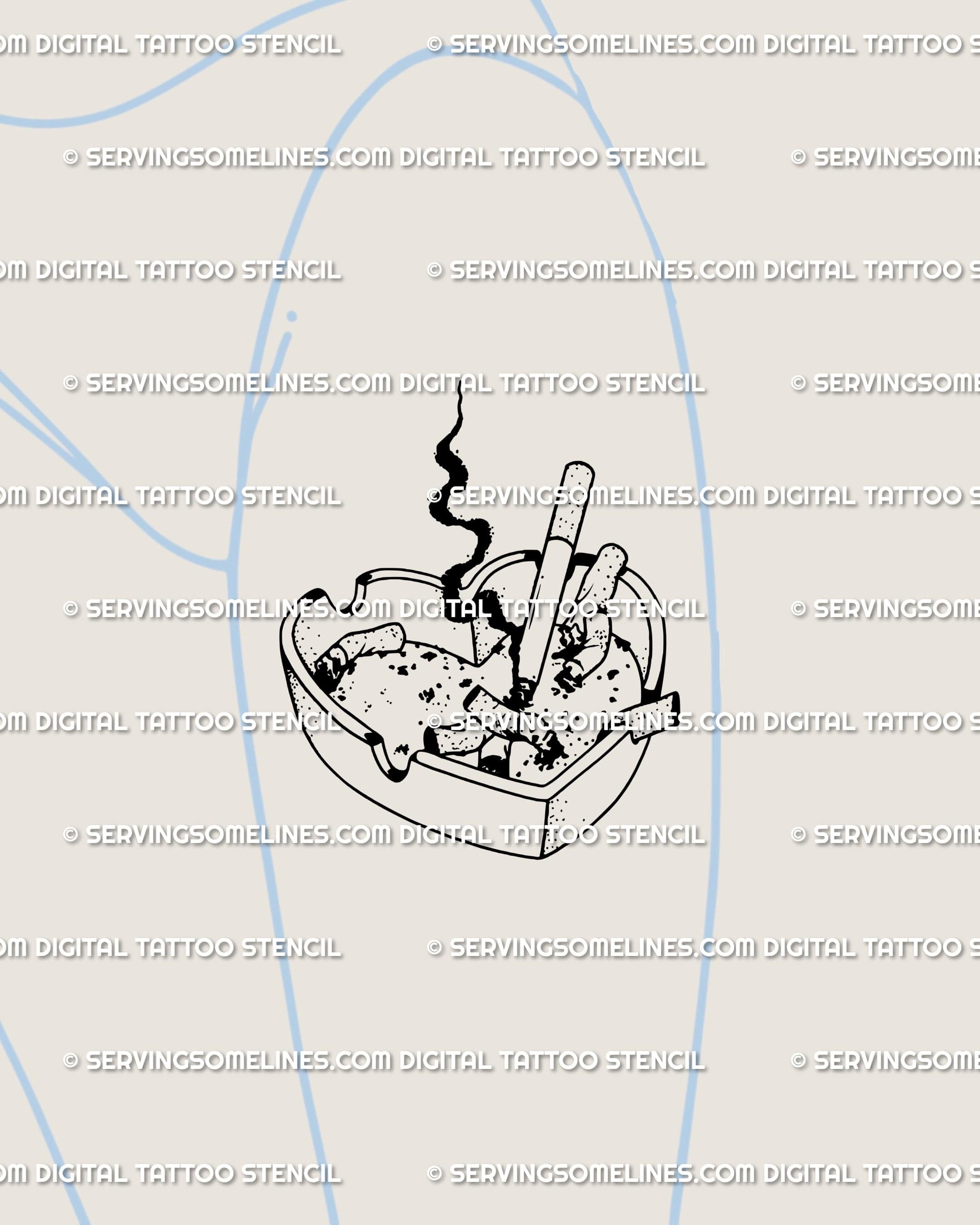 Toxic love tattoo design placed on front thigh, grunge blackwork ashtray heart showing edgy anti-love mood and emotion through clean lines.