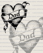 Traditional heart tattoo stencil for dad tribute, solid black heart with ribbon, centered lettering, and crisp edges for clean transfer.