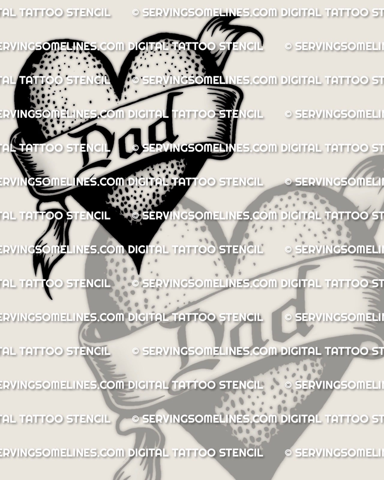 Traditional heart tattoo stencil for dad tribute, solid black heart with ribbon, centered lettering, and crisp edges for clean transfer.