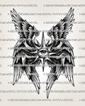     Traditional seraphim tattoo stencil design with central eye, six wings, and bold black feather shading
