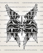     Traditional seraphim tattoo stencil design with central eye, six wings, and bold black feather shading