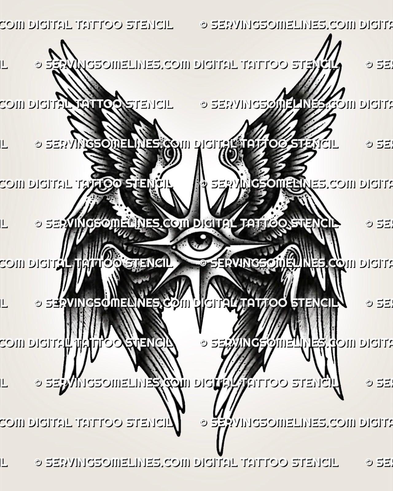     Traditional seraphim tattoo stencil design with central eye, six wings, and bold black feather shading