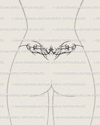 Medium tramp stamp size stencil shown as a digital preview on the lower back, with fine line futuristic curves and a centered sparkle detail