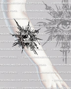Triangle eye tattoo stencil displayed on forearm placement preview, occult eye emblem with printable digital stencil files.