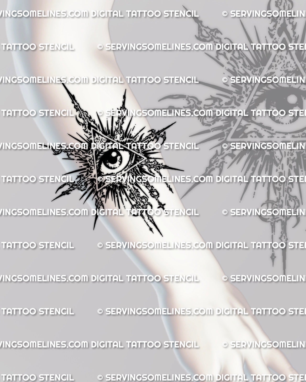 Triangle eye tattoo stencil displayed on forearm placement preview, occult eye emblem with printable digital stencil files.