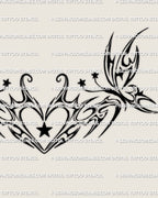 Close view of a butterfly and heart tattoo download, showing curved tribal wings, fine linework, and small star details