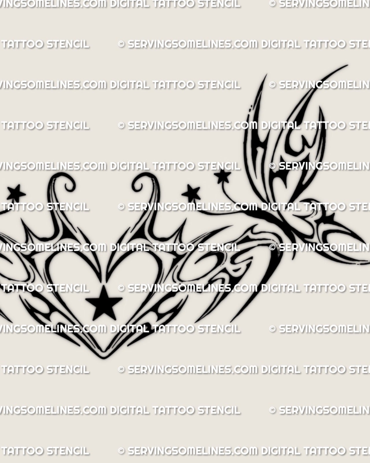 Close view of a butterfly and heart tattoo download, showing curved tribal wings, fine linework, and small star details
