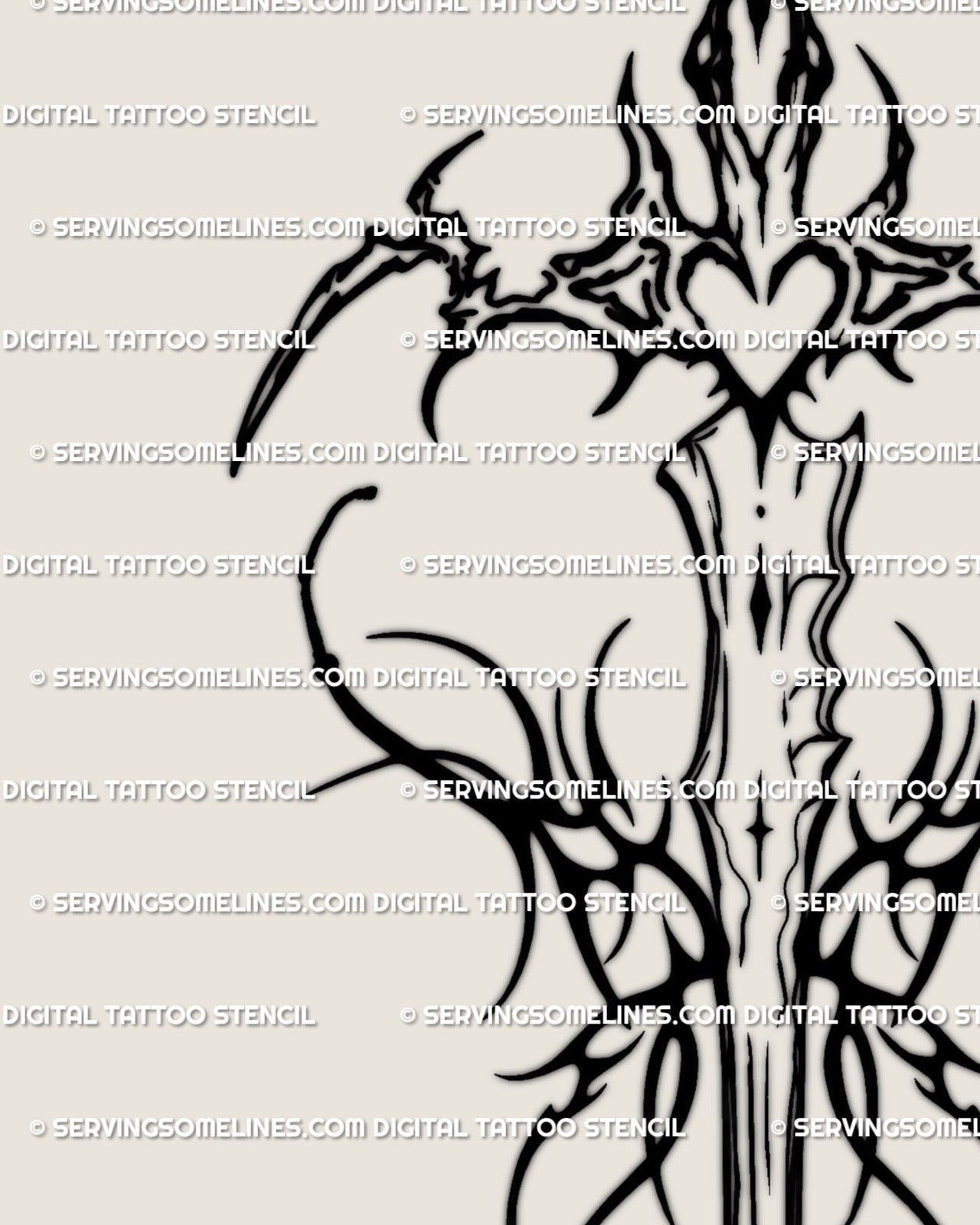 Hand-drawn tribal sword tattoo stencil with ornamental wings and heart core, mystical digital tattoo design inspired by cyber sigilism. 