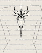 Tribal butterfly wings tattoo stencil on upper back center, gothic dagger form with bold blackwork style. 