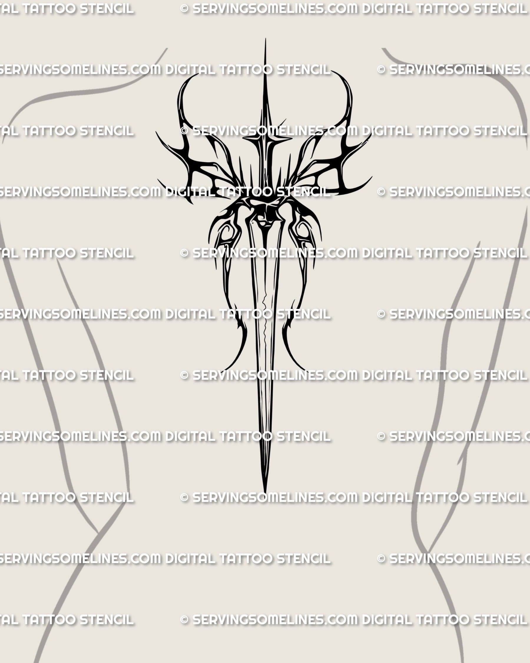Tribal butterfly wings tattoo stencil on upper back center, gothic dagger form with bold blackwork style. 