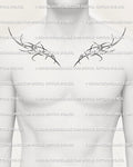 Men’s cyber sigilism collarbone tattoo design featuring symmetrical tribal wings and fine-line cybercore details across upper chest. 