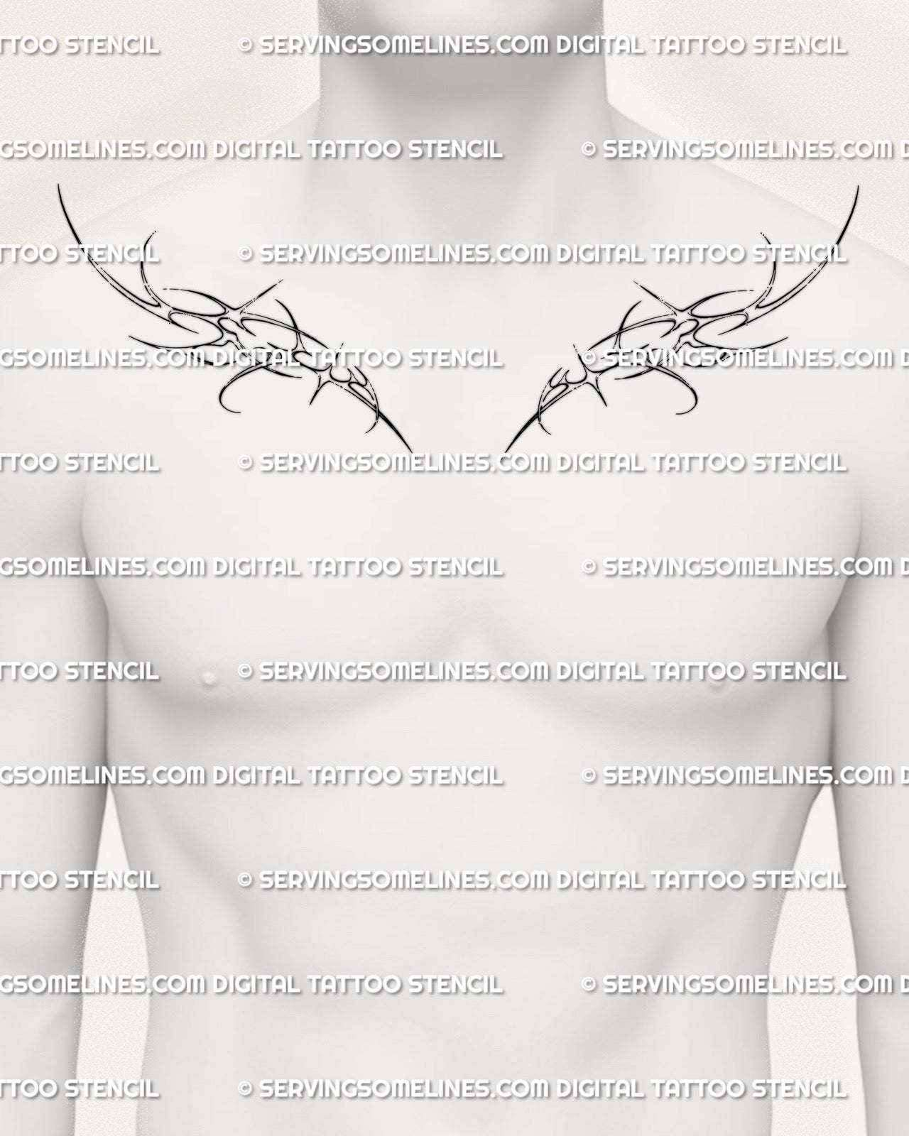 Men’s cyber sigilism collarbone tattoo design featuring symmetrical tribal wings and fine-line cybercore details across upper chest. 