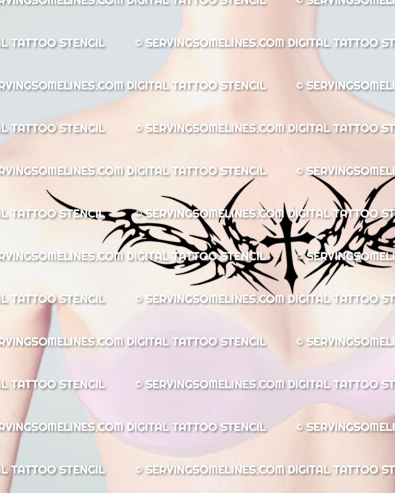Tribal cross chest tattoo stencil displayed on women’s chest with wide upper chest layout and sharp neotribal lines