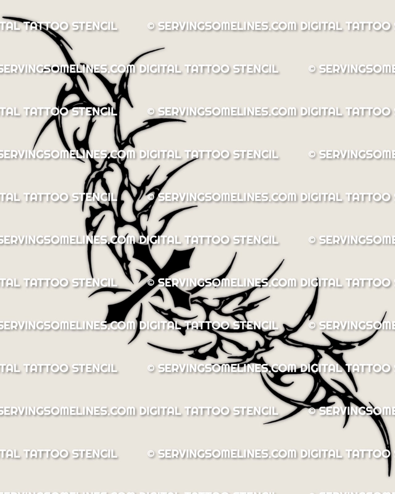 Tribal cross lower back tattoo stencil design with a bold center cross, heavy neotribal framing, and wide lower back spread