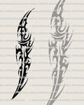 Tribal dagger tattoo stencil design with heavy black fields and curved dagger tip, dagger tribal tattoo artwork in bold black style.